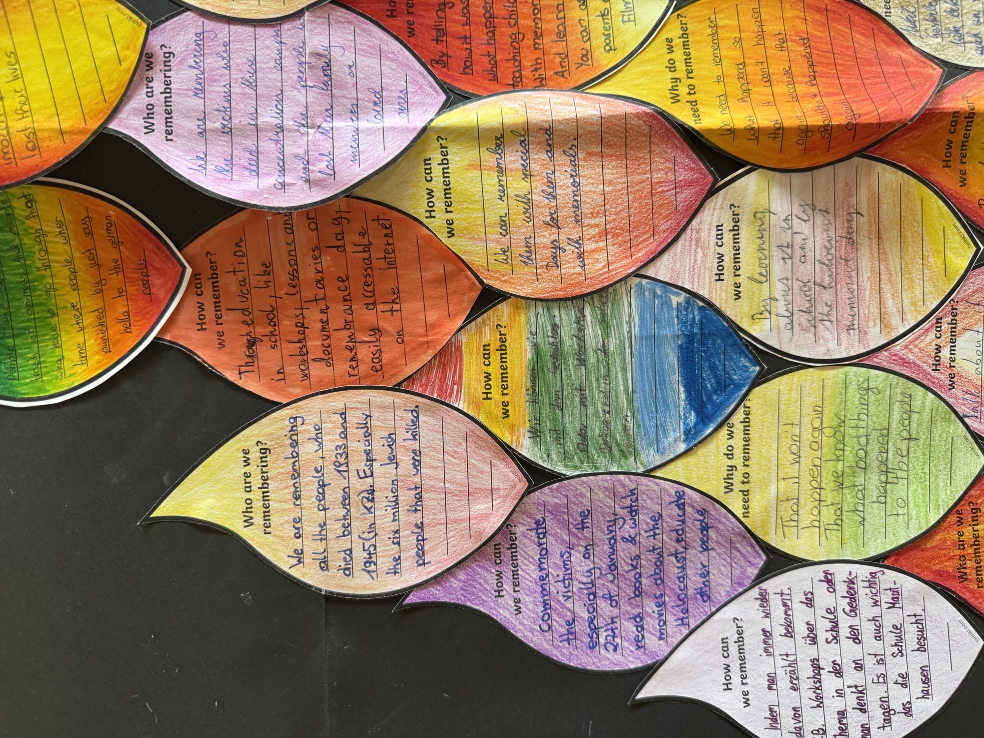 Das Bild zeigt eine Tafel oder Wand in einer Schule, auf der viele **bunte Papierblätter in Form von Flammen oder Blättern** befestigt sind. Die Blätter sind in verschiedenen Farben wie **gelb, orange, rot, grün, blau und lila** ausgemalt. Auf jedem Blatt stehen **handgeschriebene Texte von Schülerinnen und Schülern**.  Auf den Blättern stehen Fragen wie:  * **“Who are we remembering?”** (Wen erinnern wir?) * **“How can we remember?”** (Wie können wir erinnern?) * **“Why do we need to remember?”** (Warum müssen wir erinnern?)  Die Antworten beschäftigen sich mit dem **Holocaust und dem Gedenken an die Opfer**. Einige Texte erwähnen, dass man sich an die Menschen erinnern soll, die **zwischen 1933 und 1945 im Zweiten Weltkrieg und in Konzentrationslagern gestorben sind**, besonders an die **sechs Millionen jüdischen Opfer**.  Andere Blätter erklären, **wie man erinnern kann**, zum Beispiel:  * durch **Bildung in der Schule**, * durch **Bücher, Filme und Dokumentationen**, * durch **Gedenktage und Denkmäler**, * oder indem man **anderen Menschen davon erzählt**.  Einige Texte sind **auf Englisch**, ein Blatt ist **auf Deutsch** geschrieben. Die Blätter sind sorgfältig ausgemalt und überlappen sich teilweise, wodurch eine **farbige Collage** entsteht.  Insgesamt zeigt das Bild ein **Schulprojekt zum Holocaust-Gedenktag**, bei dem Schülerinnen und Schüler ihre Gedanken über **Erinnerung, Geschichte und Verantwortung** aufgeschrieben haben.